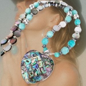 Hand Crafted Boho Abalone Mother of  Pearl Heart and Amazonite Beaded Necklace